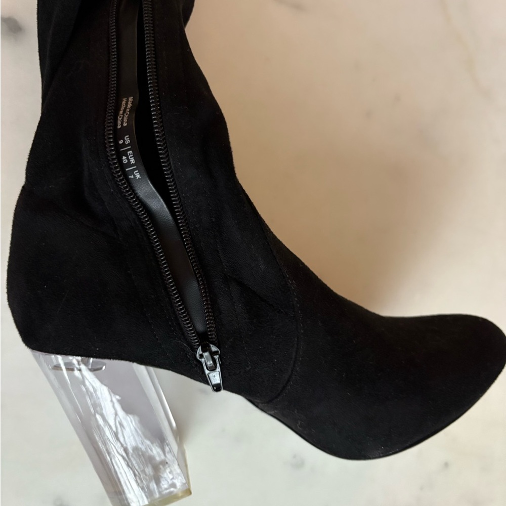 Knee high Black Heeled Boots with Clear Heel